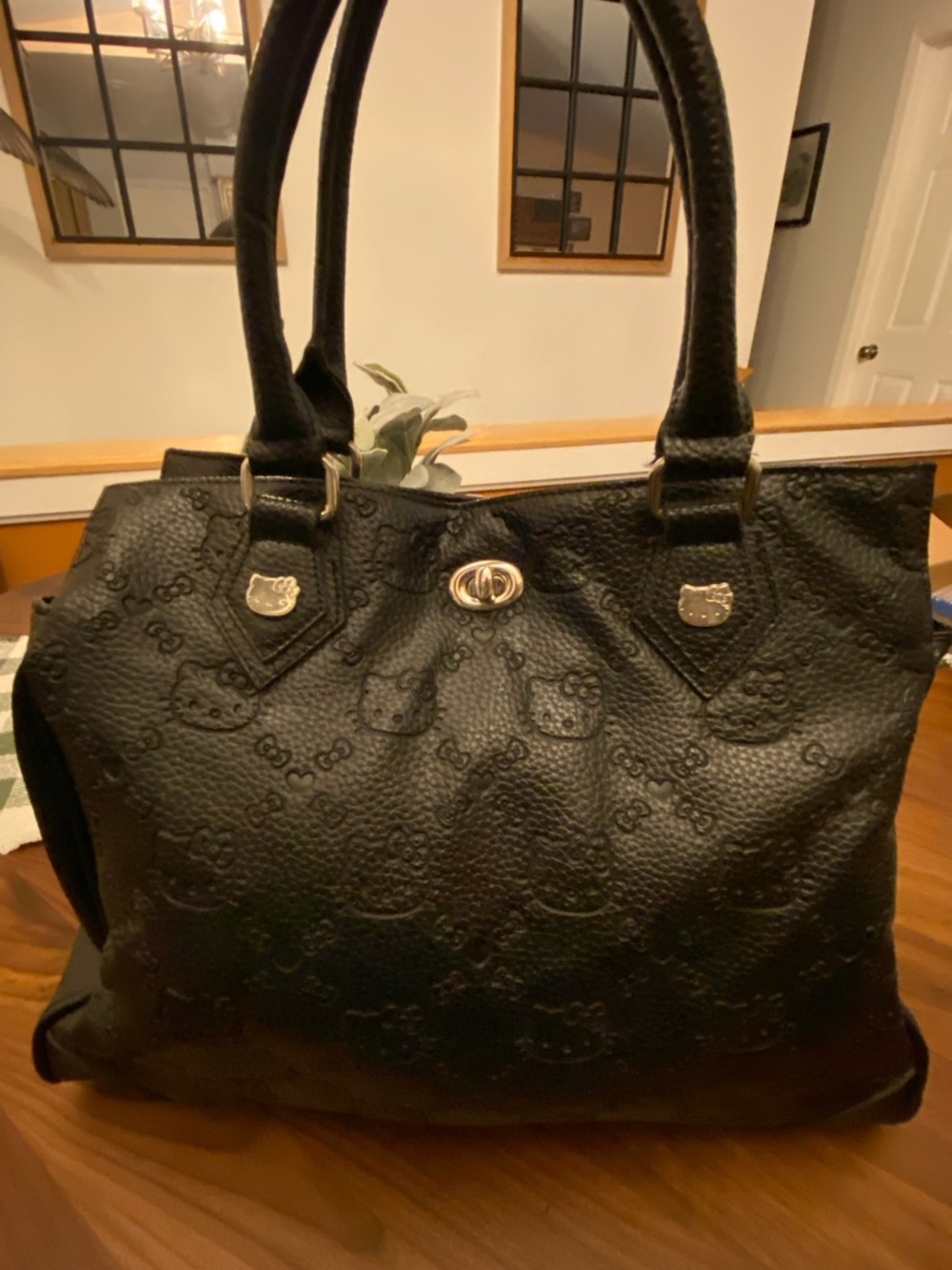 Hello Kitty Black Embossed Shoulder Bag with Silver Accents